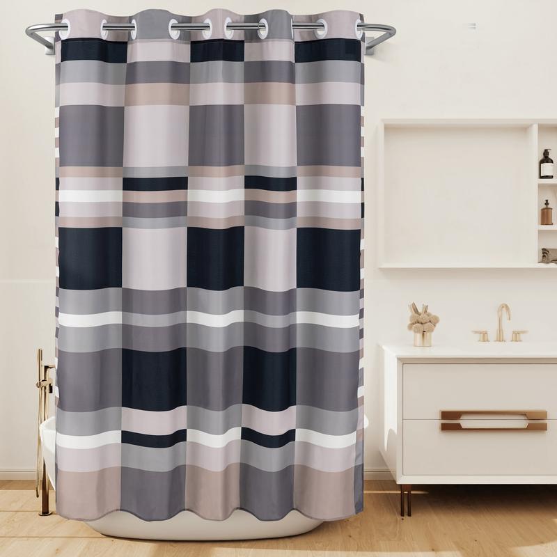 River Dream Modern Geometric Fabric Shower Curtain with Patchwork Plaid Designs,No Hooks Needed,with Magnets,Grey,71x74Inches,New Year gifts