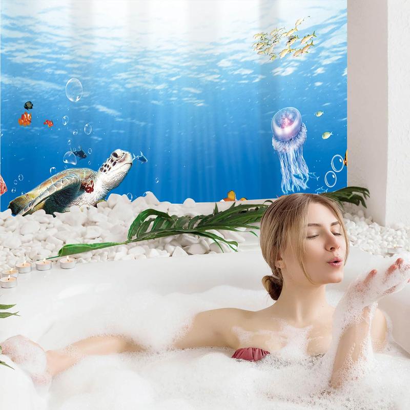 Cartoon Sea Life Pattern Shower Curtain, Cute Bathroom Waterproof Curtain with 12pcs Hooks, Machine Washable Bath Curtain for Home Decor