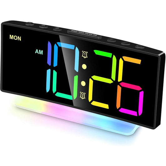 Extra Loud Alarm Clock for Heavy Sleepers Adults,Teens,Rainbow Clock for Bedrooms,Small Smart Bedside Digital Clock with Large Display,7 Color Night Light,12/24h(Black+Dynamic) Decor