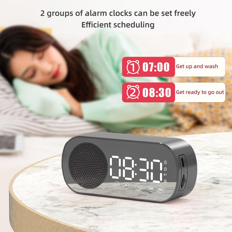 Wedding Gifts Digital Alarm Clock Bluetooth 5.0 Speaker LED Display Mirror Desk Alarm Clock with FM Radio Support TF Card Play Hands-Free Call Dual Alarm Clock with USB Charging Port Adjustable Brightness