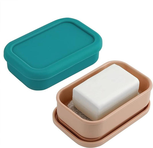 2 Pack Travel Soap Container with Lid, Silicone Soap Dish with Draining Layer, Portable Soap Holder for Bathroom Camping Gym