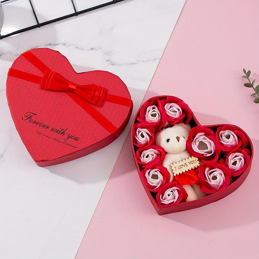 [Clearance] Heart Shaped Artificial Rose Flower Gift Box, Creative Cute Bear Gift Box for Birthday, Anniversary, Engagement, Party Gift Ideas