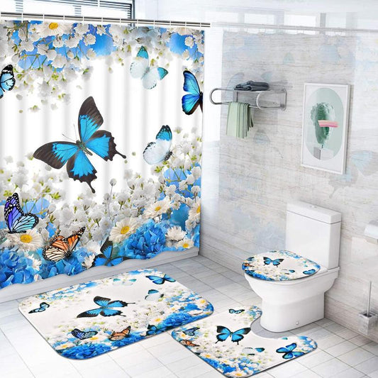 4 Flower Butterfly Set with Non-Slip Rug, Toilet Lid Cover and Mat, Colorful Floral with 12 Hooks, Waterproof Fabric Bath Curtain for Bathroom, Blue Gift Wall