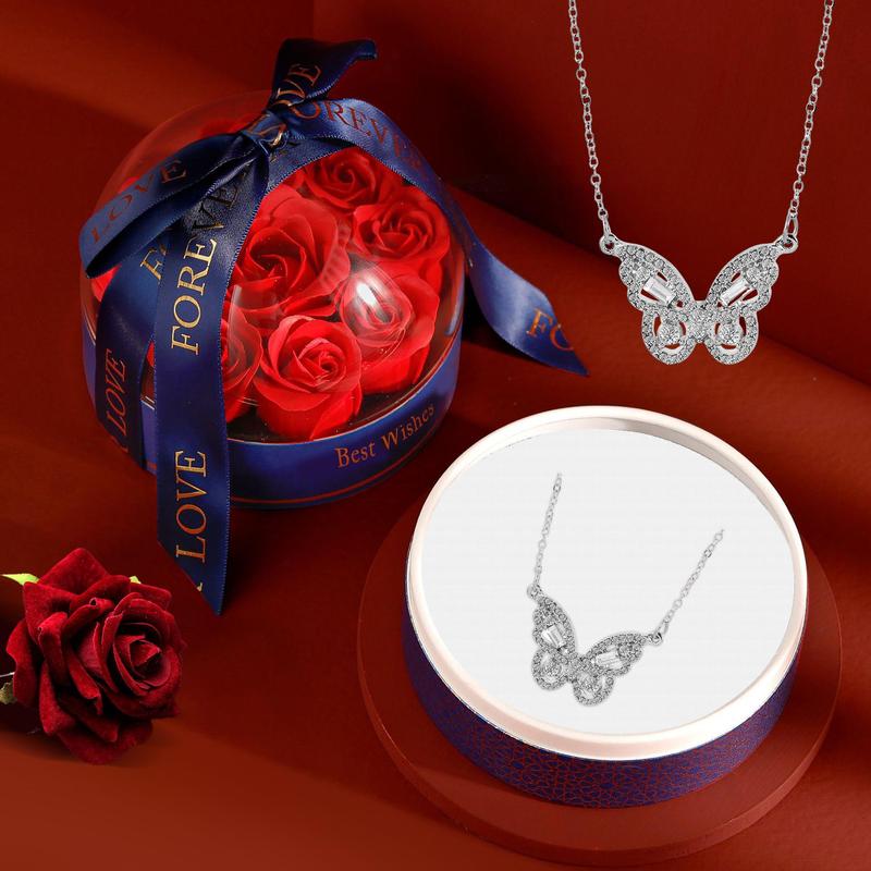 Unique Gift, 1 Count Artificial Rose & Rhinestone Butterfly Necklace Gift Set, Flower Decor Ribbon Bowknot Jewelry Box with Necklace, Spring Party Favors