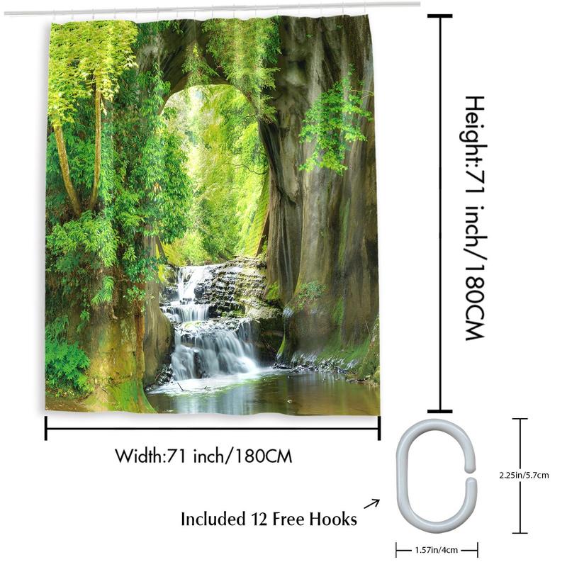 Waterproof Landscape Pattern Shower Curtain With 12pcs Hooks, 1 Piece Forest Waterfall Pattern Shower Curtain, Waterproof & Anti-mould Shower Curtain, Bathroom Supplies For Home Decor