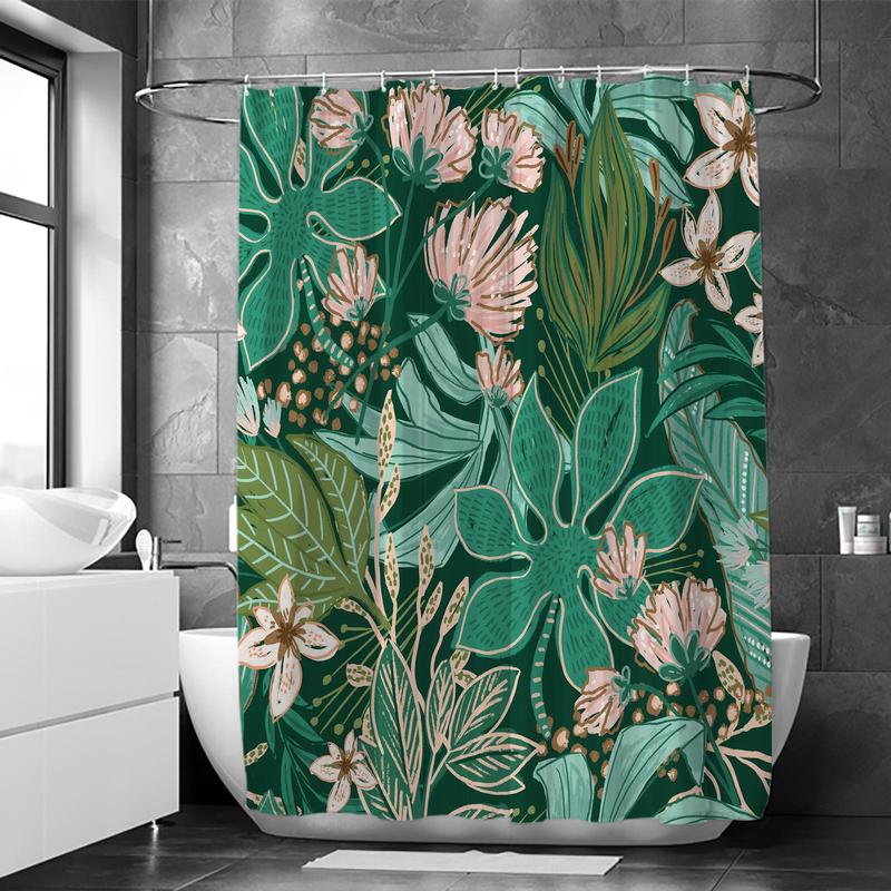 Tropical Jungle Floral Pattern Shower Curtain, Waterproof Shower Curtain with 12 Hooks, Bathroom Accessories, Home Decoration