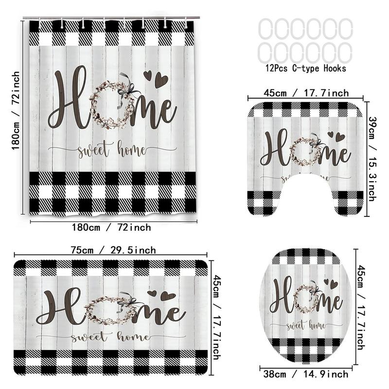 Plaid & Letter Pattern Decorative Bathroom Home Decor Set, 4counts Modern Non-slip Bathroom Decoration Set Including Water Proof Bath Curtain, Toilet Lid Mat & Bath Mat, Bath Rugs, Summer Bathroom Accessories, Household Bundle