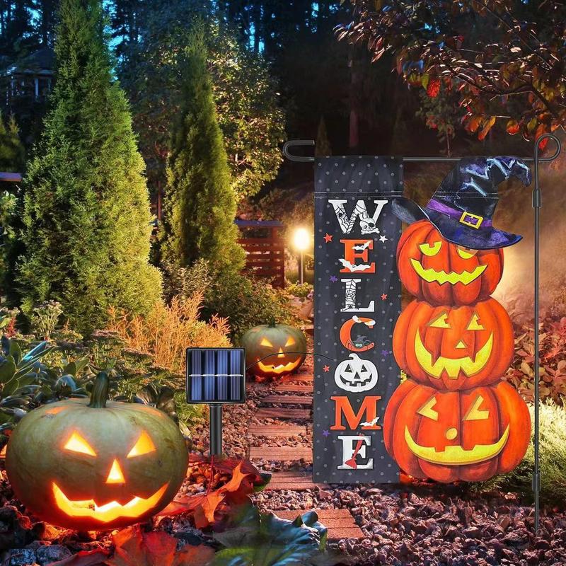 Solar Powered Pumpkin Garden Flag, 1 Count Halloween Decoration Flag, Garden Flag with Solar Lights, Halloween Outdoor Decorations for Yard Garden Tree House, Fall Gifts