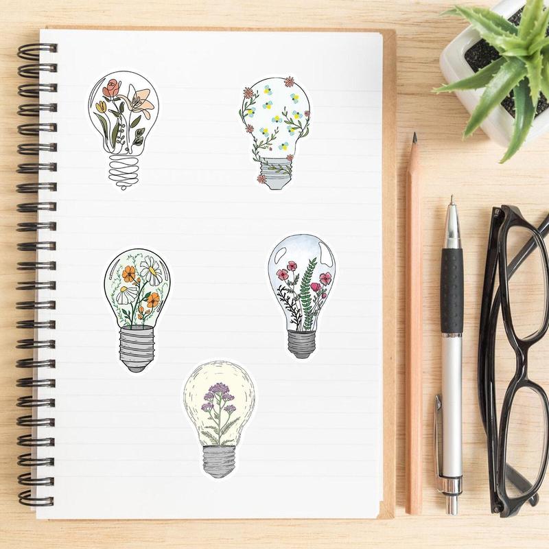 Cartoon Flower & Lamp Bulb Pattern Decorative Sticker?For Creative DIY, 50pcs?Scrapbooking & Journal Making Material Paper, DIY Decorative Sticker Sets