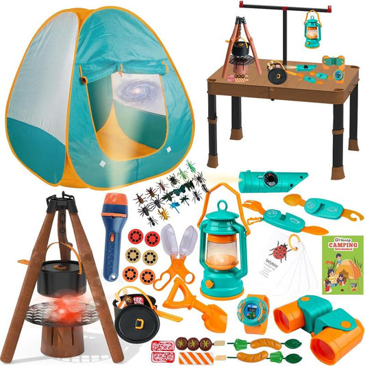 Qtioucp Kids Camping Set 50pcs with Folding Storage Table/Tent & Children¡¯s Projector Flashlight- Outdoor Campfire Toy Set for Toddlers Kids - Pretend Play Camp Gear Tools for Birthday Christmas