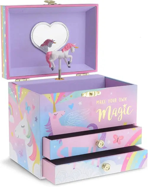 Jewelry Box for Girls with 2 Drawers, Cotton Candy Unicorn Musical Jewelry Boxes, Beautiful Dreamer Tune and Spinning Unicorn Doll