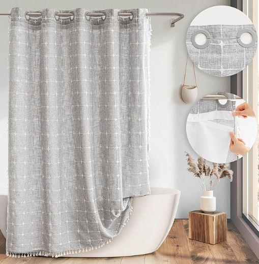 Farmhouse Shower Curtain with Snap-in Liner,No Hooks Needed,Boho Fabric Shower Curtains with Tassels for Rustic Neutral Bathroom Decor,with Magnets,Water Repellent&Machine Washable,Grey,71x74Inch,New Year gifts