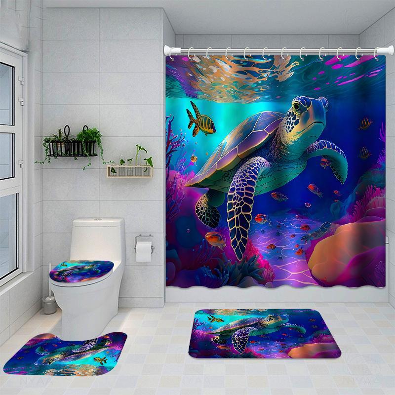 Marine Decoration Shower Curtain Set, 4 Counts/set Including Cute Turtle Pattern Shower Curtain & Bathroom Mat & Toilet Lid Cover, Bathroom Partition, Room Decor