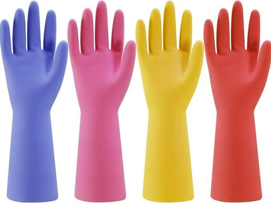 Rubber Kitchen Dishwashing Gloves - 4 Pairs Colorful Reusable Household Cleaning Gloves for Washing Dishes and Cleaning Tasks, Flexible Long-lasting and Non-Slip (Blue+Pink+Yellow+Orange) Pack