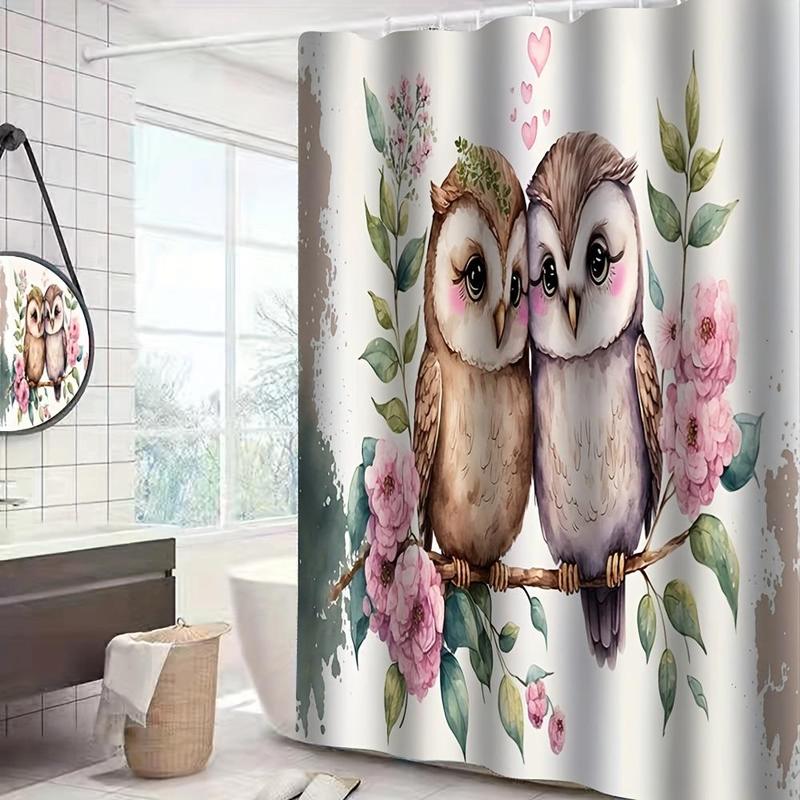 Bathroom Accessories, 4 Counts Cute Couple Owl Pattern Non-slip Bath Mat & U-shaped Commode Contour Rug & Toilet Lid Mat & Shower Curtain with 12 Hooks, Bathroom Decor Set