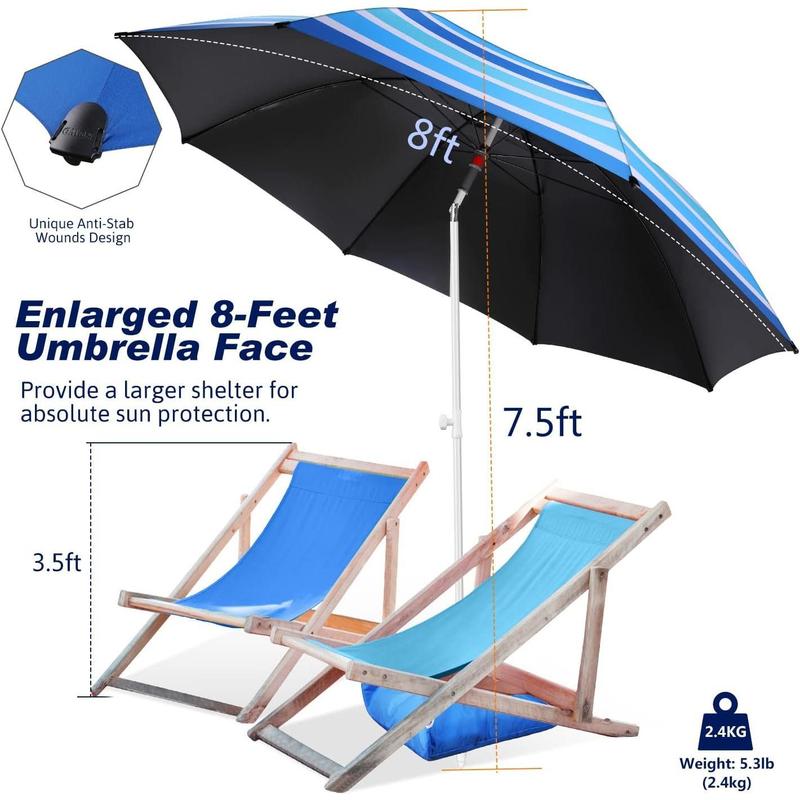 8FT Large Beach Umbrella Level 7 Wind Resistance Design, Sand Anchor, Sand Bag, Portable Outdoor Umbrella with Protection, Tilt Sun Shelter, Windproof Umbrella for Beach, Patio, Yard