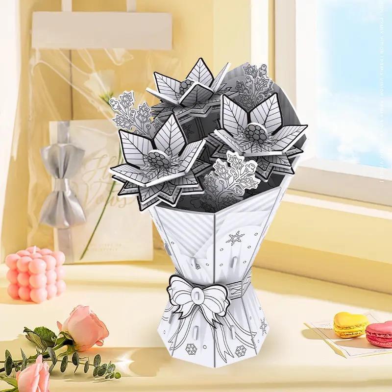 1 Set 3D Flower Puzzle Toy, Creative DIY Flower Puzzle Toy with 10 Colors Brush, DIY Art Supplies