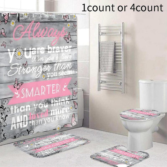 Letter Pattern Bathroom Curtain & Toilet Mats Set, Summer Anti-slip Bathroom Decor Curtain with Hooks, Shower Curtain Sets, Bathroom Decor Set, Bathroom Supplies, Bathroom Accessories, Home Decor