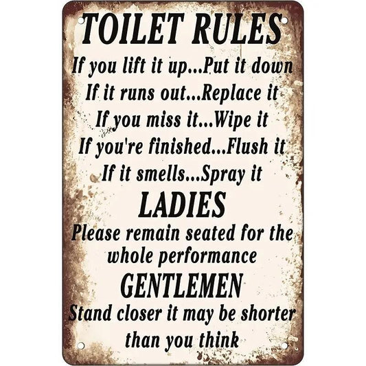 Toilet Rules for Ladies and Gentlemen Vintage Metal Sign, 1 Count Wall Decor Tin Sign for Restaurants, Hotel, Public Lavatory, Toilet Wall Decor Signs