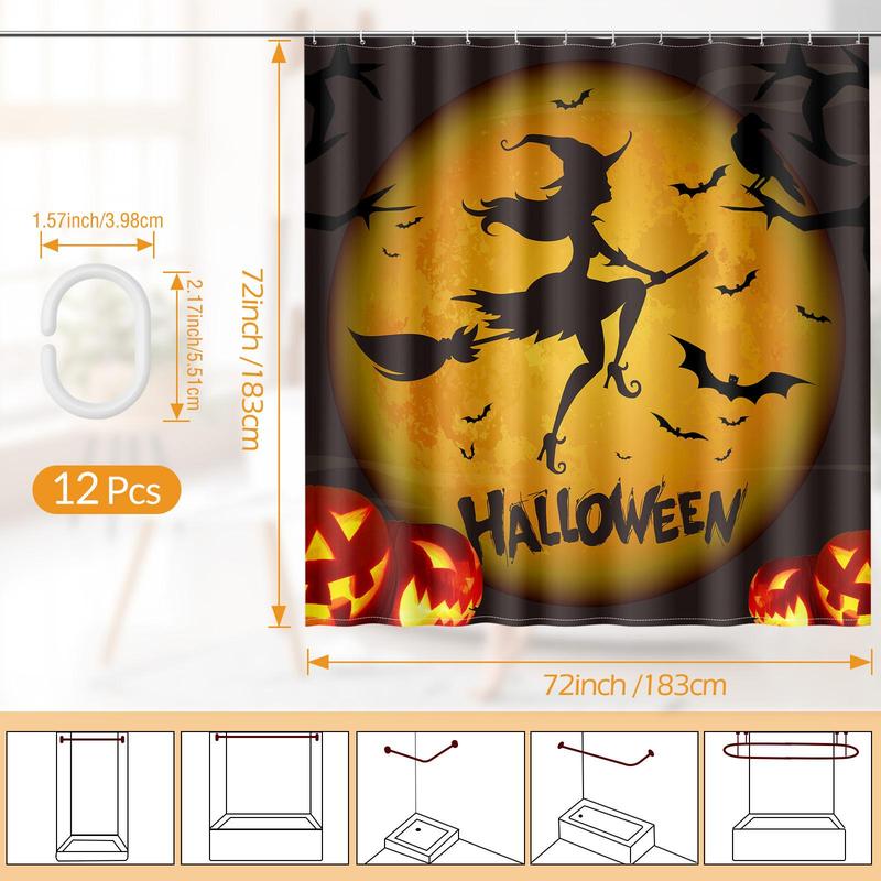 Halloween Themed Shower Curtain, Skull & Pumpkin & Castle Pattern Bathroom Curtain with 12pcs Hooks, Waterproof Shower Curtain for Bathroom Decor