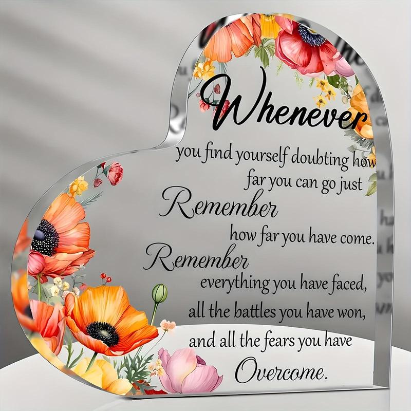 Flower Pattern Acrylic Heart Shaped Ornament, Inspirational Acrylic Heart Plaque, Desk Ornament for Home Office, Gift for Friends