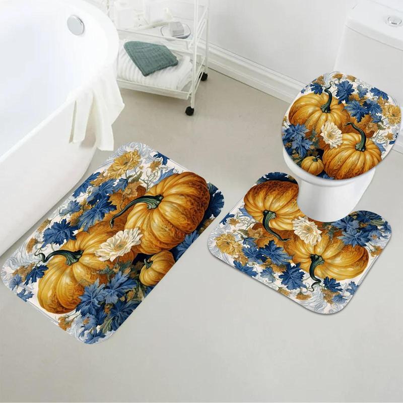 Pumpkin Pattern Bathroom Decor Set, 4 Counts/set Non-slip Bathroom Mat & Shower Curtain with 12 Hooks, Halloween Bathroom Decor, Bathroom Accessories