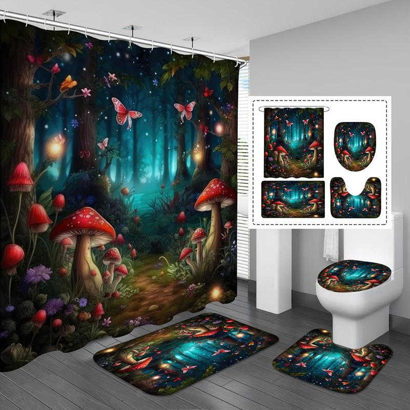 Forest & Mushroom Pattern Bathroom Decor Set, 4 Counts Non-slip Bath Mat & U-shaped Commode Contour Rug & Toilet Lid Mat & Shower Curtain with 12 Hooks, Bathroom Accessories