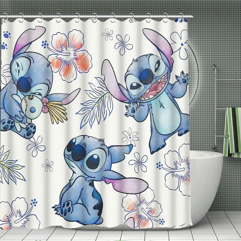 Cartoon Stitch Pattern Bathroom Curtain with Hooks, 1 Count Waterproof Shower Curtain or 4 Counts/set Shower Curtain & Mat Set, Bathroom Accessories