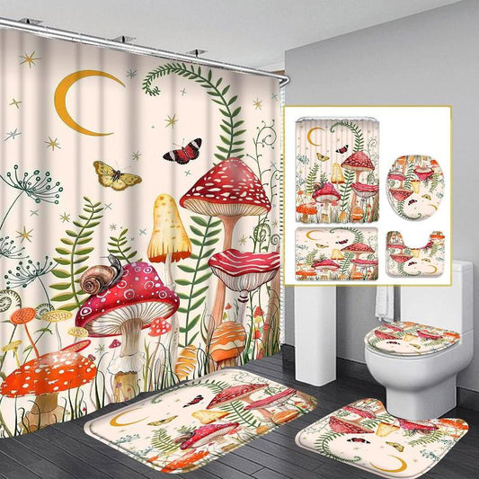 Mushroom Plant Leaf Butterfly Moon Pattern Bathroom Decorations Set, 4 Counts/set Including Shower Curtain & Bath Mat & U Shape Toilet Mat & Toilet Lid Cover, Household Bathroom Accessories for Home Decor