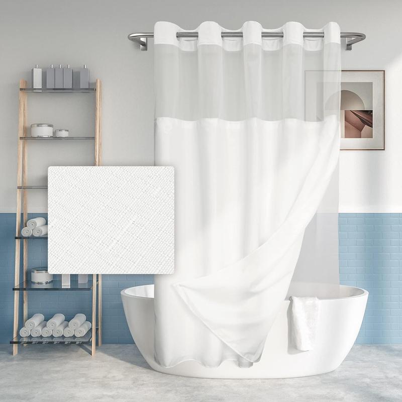 Long No Hook Slub Textured Shower Curtain with Snap-in Liner Set - 71" x 80"(78"), Hotel Style with See Through Top Window, Fabric Curtain & Waterproof Liner, White, 71x80