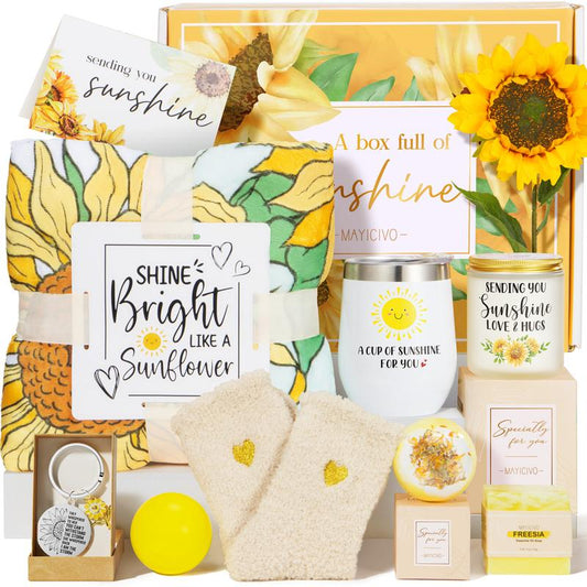 Mayicivo Sending Sunshine Gifts basket for Women, Mothers Day Sunflower Gifts idea for Mom, Get Well Soon Gifts For her Care Package, Thinking of You Unique Birthday Box with Inspirational Blanket For Her Sister Friend