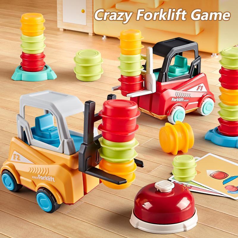 Crazy Forklift Stacking Game, 1 Set Colorful Stacking Game Toy, Including 2 Cars & 18 Barrels & 18 Question Cards & 2 Bases & 1 Bell, Interactive Game