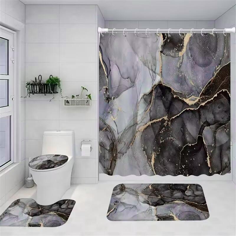 Marble Pattern Shower Curtain Set, 4 Counts/set Waterproof Bath Curtain U-shaped Mat and Toilet Cover Mat Set, Bathroom Accessories, Bathroom Furniture, Bathroom Decor, Halloween Decor, Fall Decor