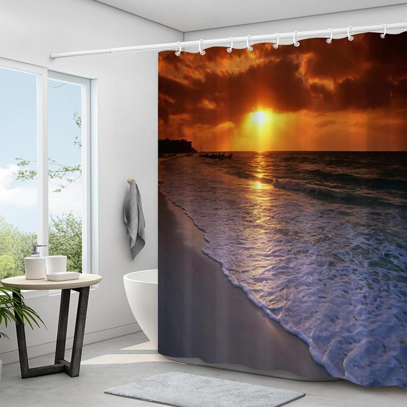 Romantic?Sunset Beach Pattern Shower Curtain, Waterproof Bathroom Curtain with Hooks, Bathroom Accessories, Home Decoration