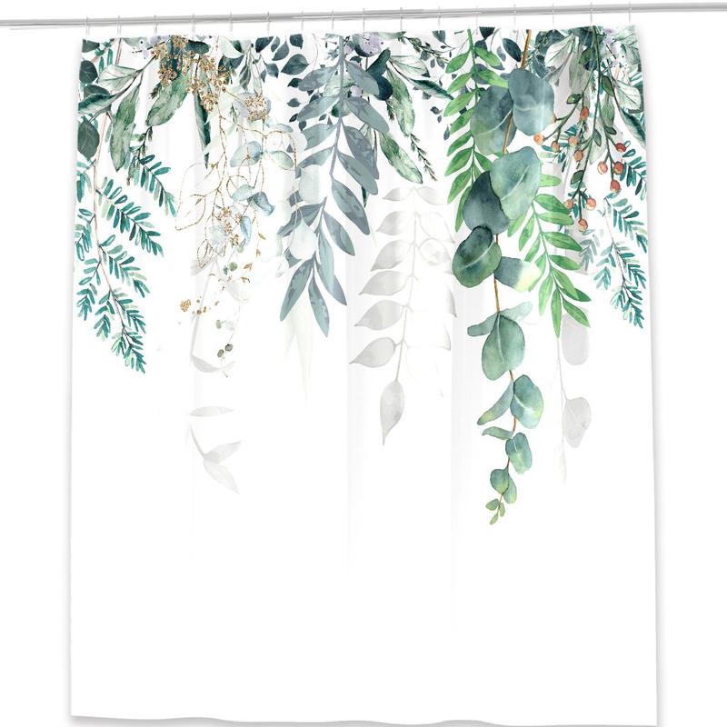 Plants Pattern Shower Curtain, 1 Piece Waterproof Shower Curtain With 12pcs Hook Without Rod, Decorative Bathroom Curtain