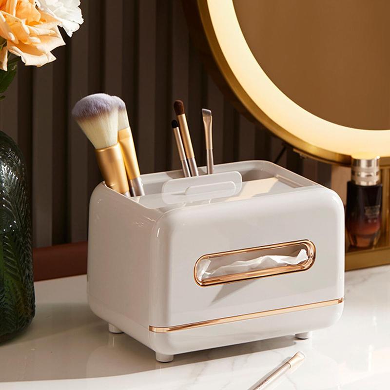 Tissue Storage Box with Lid (1 Piece), Multifunctional Household Desktop Storage Box for Stationery & Remote Control & Makeup Brush, Home Organizer