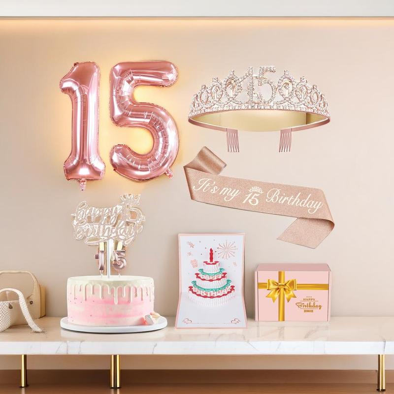 15th Birthday Balloon Decoration, 1 Set Elegant Crown & Cake Ornament, 3D Birthday Card for Girls Gifts Party