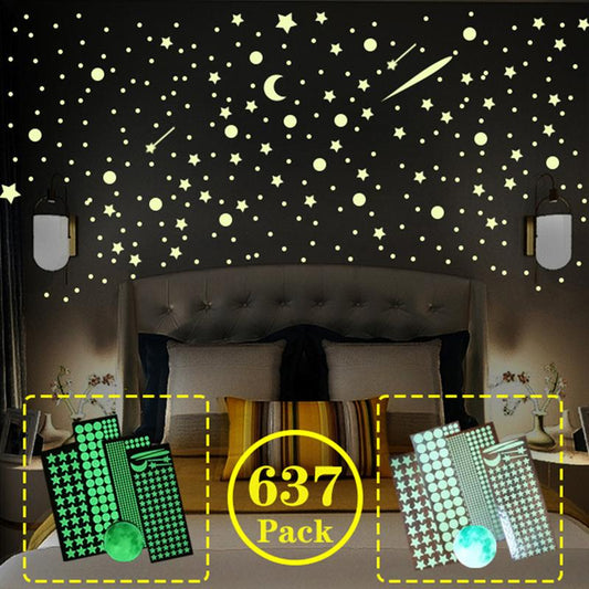 Glow in The Dark Stars Stickers,637 Counts Luminous Moon Wall Decals Fluorescent Star Ceiling Sticker Glowing Stars and Moon Wall Decals for Home Kids Bedroom Living Room Party Nursery Wall Decorations