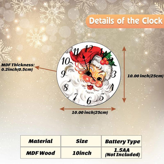 Vintage Santa with Red Hat Clock 10 Inch Christmas Round Wall Clock Non-Ticking Wooden Wall Clocks Battery Operated Rustic New Year Home Decoration for Kitchen Bedroom Bathroom Living Room Gift Retro Glass