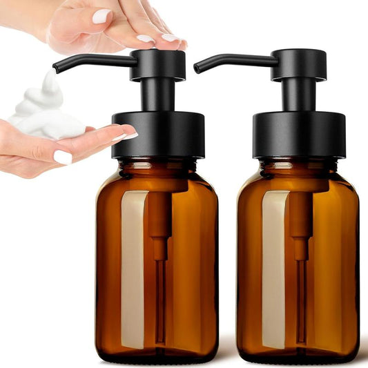 Foaming Soap Dispenser, 8.5 Oz Amber Glass Foam Soap Dispenser for Bathroom & Kitchen, 2 Pack Modern Refillable Foaming Hand Soap Dispenser, Foam Pump Bottle with Waterproof Labels