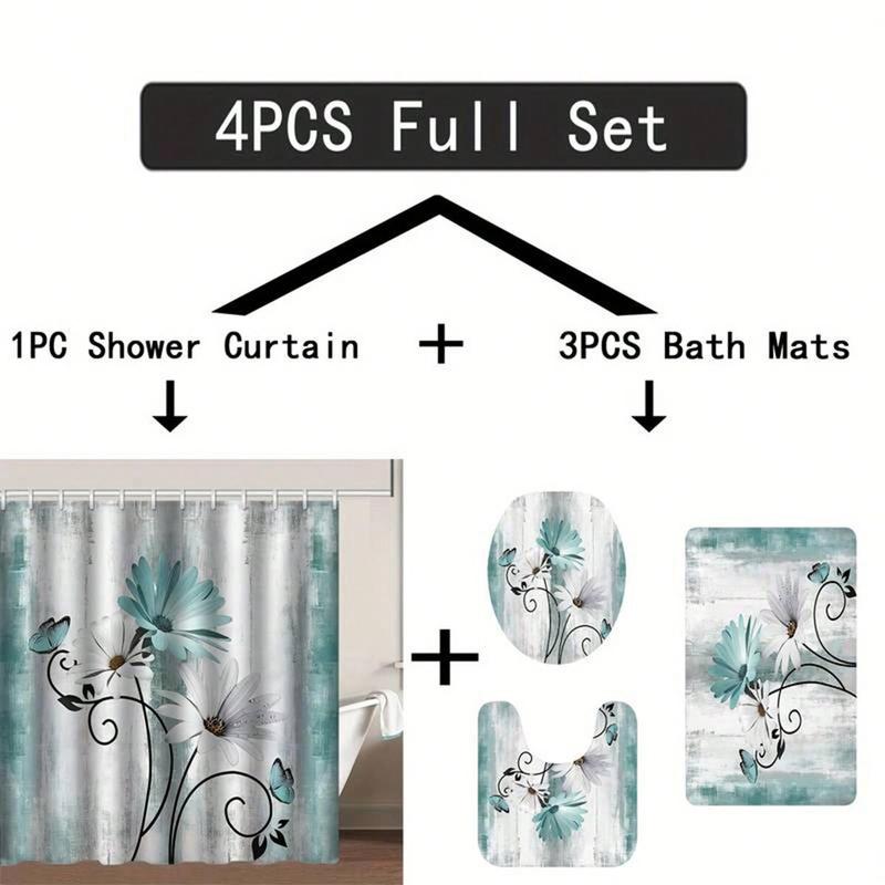 Rustic Farmhouse Bathroom Decor Set, 1 Count Shower Curtain with Hooks & 3 Counts Bath Mat Set, Floral Pattern Bathroom Accessories, Bathroom Supplies