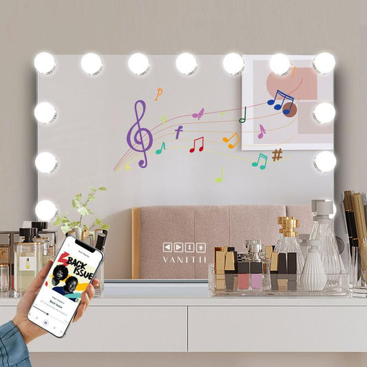 VANITII Hollywood Vanity Makeup Mirror 22.83''¡Á18.11'' Suitable Size 10X Magnifying Glass USB Port Bluetooth 3 Light Color Adjustable 15 LED Bulbs Cosmetic valentine