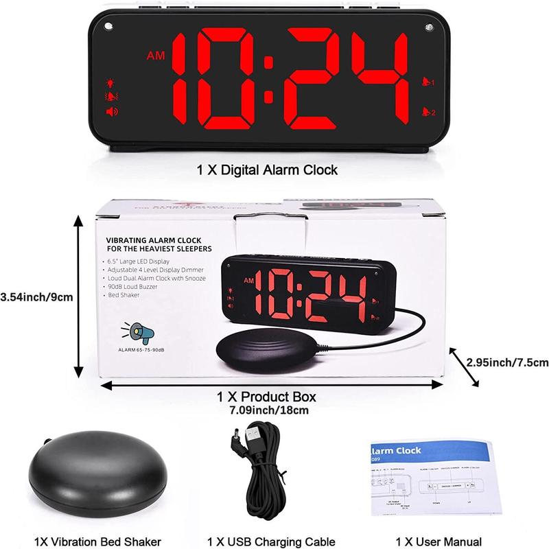 6.5 Inch Led Digital Vibrating Alarm Clock, 1 Count Usb Large Display Digital Clock with 4 Modes, Bed Shaker Alarm Clock for Home Use