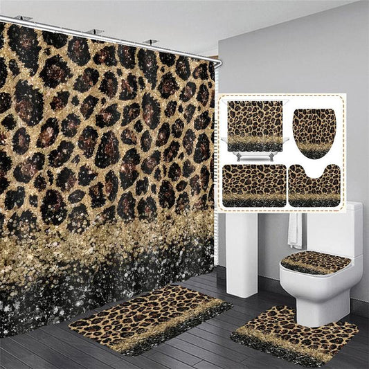 Leopard Print Bathroom Decor, 4pcs/set Innovative Non-slip Waterproof Shower Curtain & Toilet Lid Cover Pad & Thickened Toilet U-shape Mat & Toilet Lid Pad, Bathroom Accessories for Home Hotel Salon