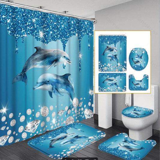 4PCS Underwater World Of Dolphins And Fish Shower Curtain Gift Modern Home Bathroom Decoration Curtains And Toilet Mats 4-Piece Set With 12 Shower Curtain Hooks