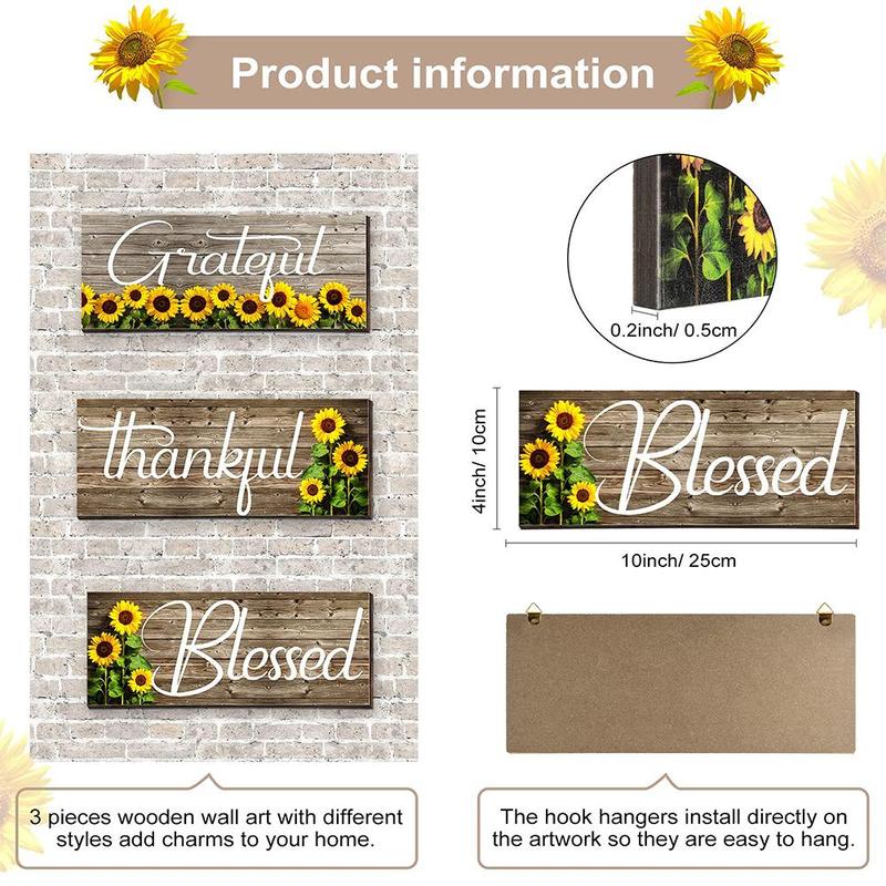 Wooden Letter & Sunflower Pattern Sign, 3pcs/set Grateful Thankful Blessed Wall Art Sign, Wall Decor for Home Living Room Bedroom