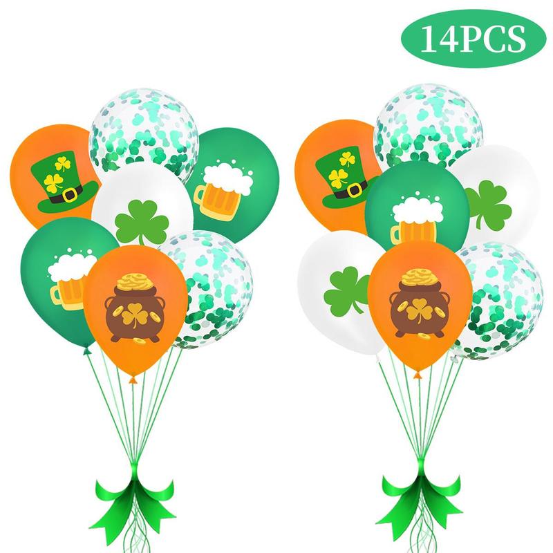 Party Balloon Ornaments Set, 14pcs/set 12 Inch Lucky Clover Pattern Latex Balloon, Spring Party Green Theme Party Decoration Supplies, Room Decor