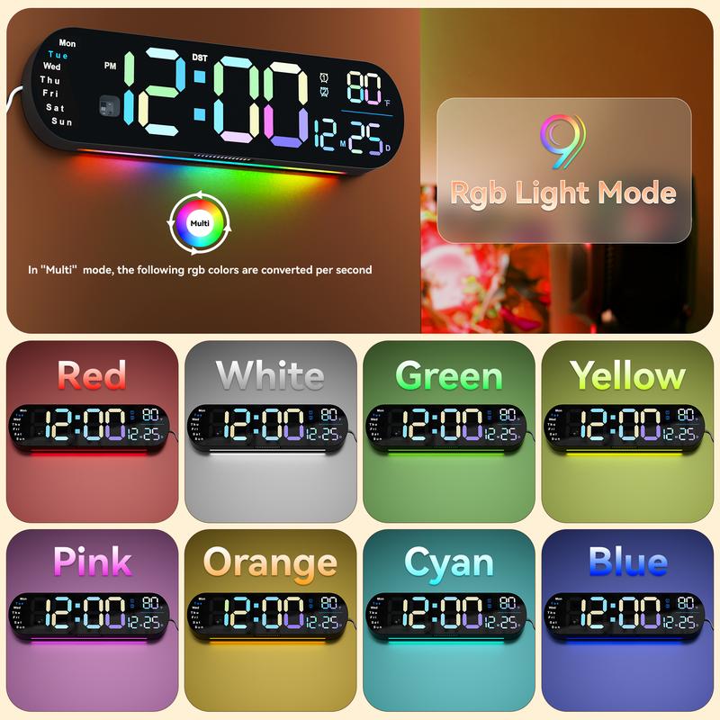 Sailstar Large Digital Wall Clock with Remote, 13.7" Large Display LED Alarm Clock with Time Date Temp Week, Desk Clock with Countdown Function, 12/24H, Adjustable Brightness for Living Room Decor Light Rgb