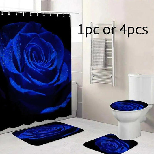 Rose Pattern Bathroom Supplies, Shower Curtain with 12 Hooks/ Rectangle Bath Mat/ U-shaped Toilet Mat/ Toilet Lid Cover, Bathroom Accessories