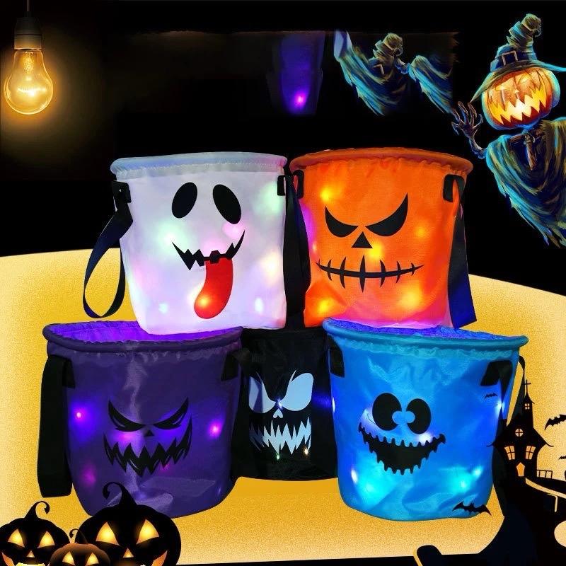 Halloween Candy Bucket with LED Lights Trick or Treat Bags for Kids and Adults Halloween Basket Reusable Night Light Pumpkin Candy Baskets Tote Bags for Kids Party Supplies Gifts